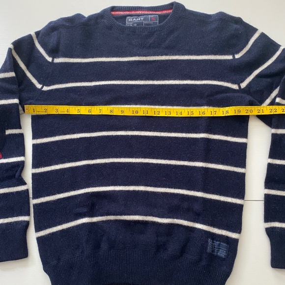 GANT Crew Neck Lambswool Navy Striped Sweater Padded Elbows Sz Large - Picture 13 of 16